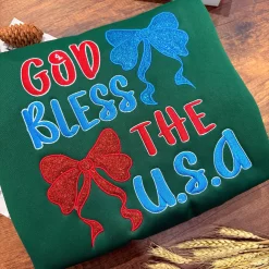 God Bless the USA July 4th Embroidered Sweatshirt, Hoodie, T-shirt