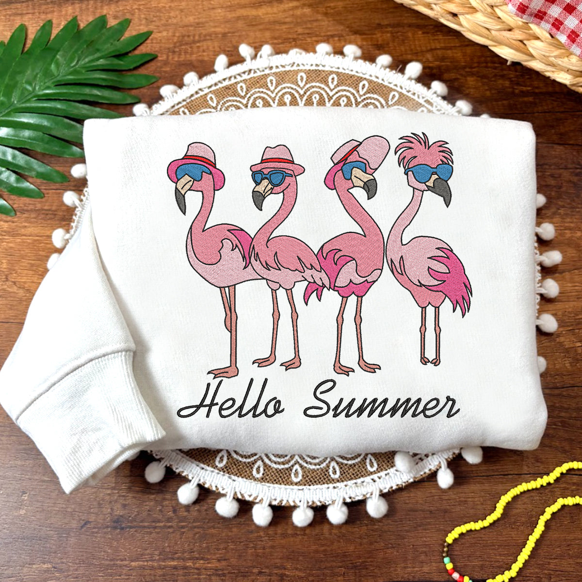 Hello Summer Flamingo Embroidered Sweatshirt, Hoodie, T-shirt Hello Summer Flamingo Embroidered Sweatshirt, Hoodie, T-shirt