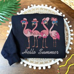 Hello Summer Flamingo Embroidered Sweatshirt, Hoodie, T-shirt