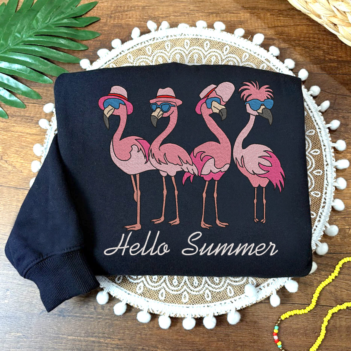 Hello Summer Flamingo Embroidered Sweatshirt, Hoodie, T-shirt Hello Summer Flamingo Embroidered Sweatshirt, Hoodie, T-shirt