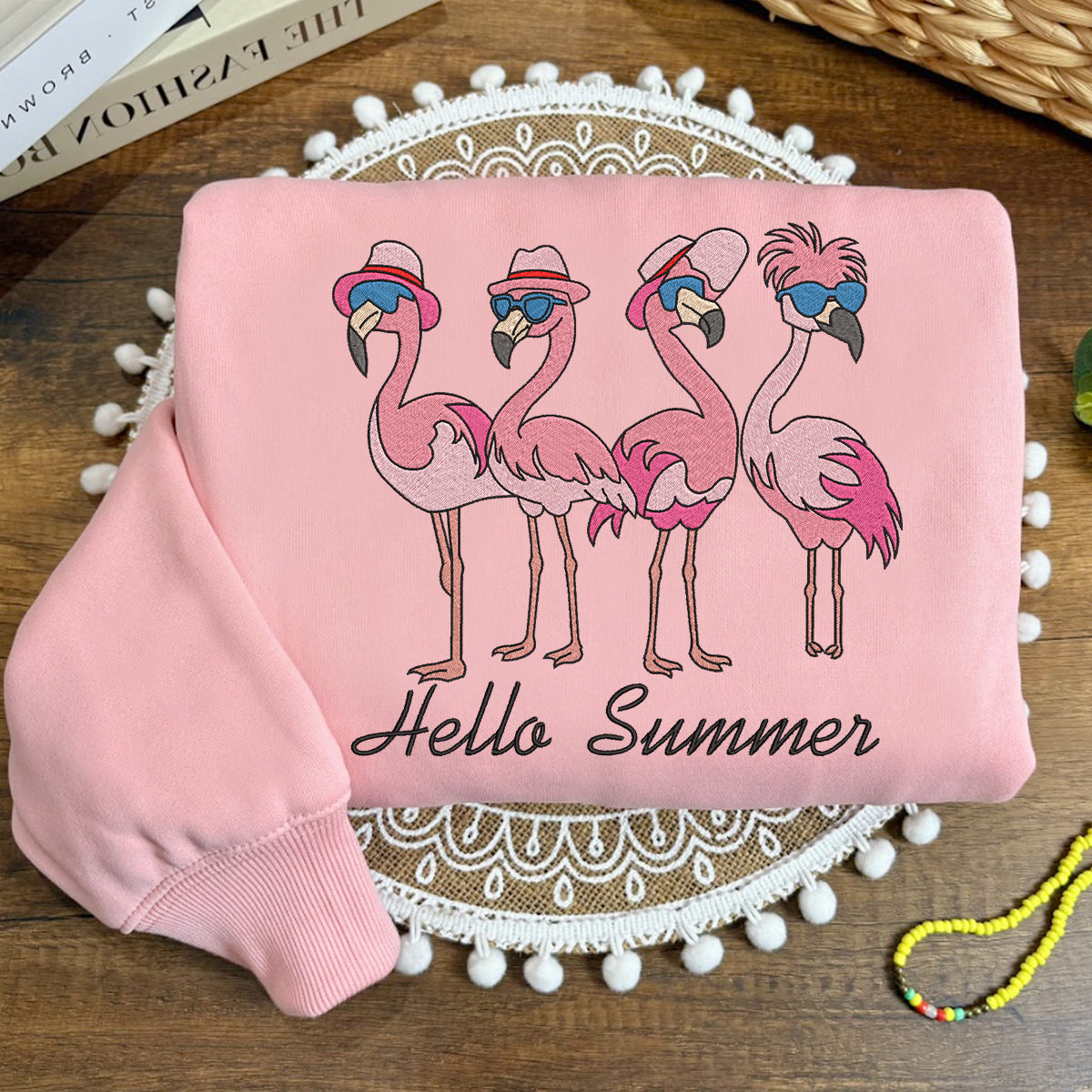 Hello Summer Flamingo Embroidered Sweatshirt, Hoodie, T-shirt Hello Summer Flamingo Embroidered Sweatshirt, Hoodie, T-shirt
