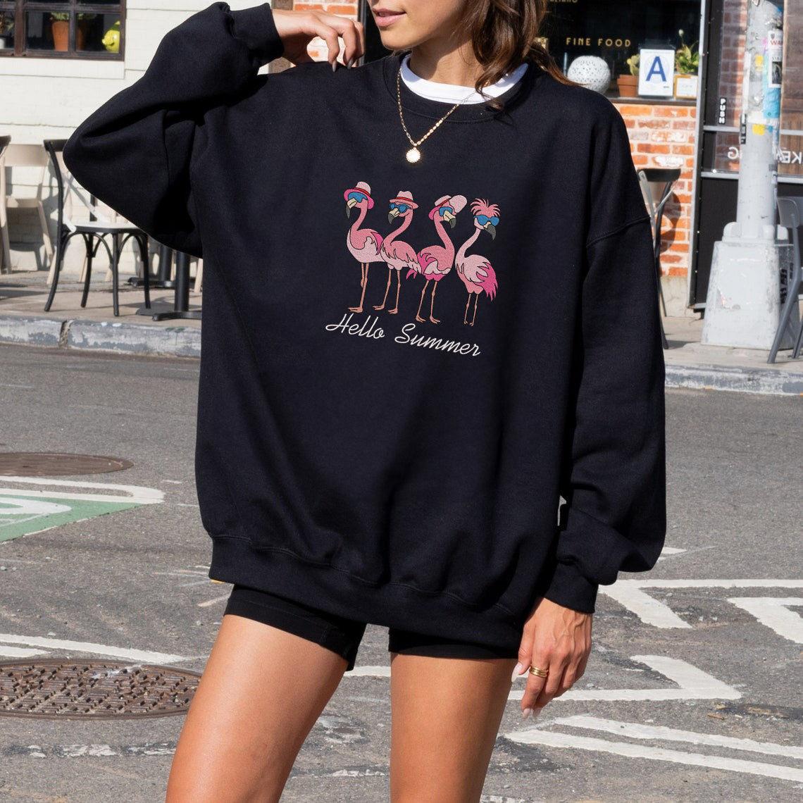 Hello Summer Flamingo Embroidered Sweatshirt, Hoodie, T-shirt Hello Summer Flamingo Embroidered Sweatshirt, Hoodie, T-shirt