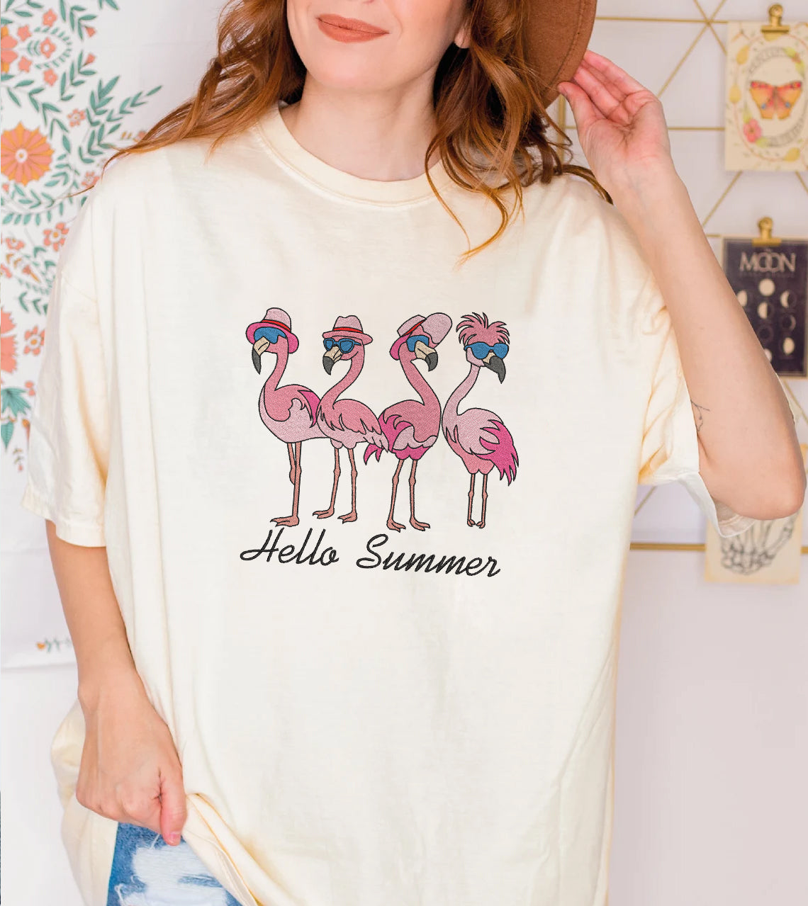 Hello Summer Flamingo Embroidered Sweatshirt, Hoodie, T-shirt Hello Summer Flamingo Embroidered Sweatshirt, Hoodie, T-shirt