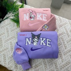 Kuromi And My Melody Nike Embroidered Sweatshirt, Nike Couple Embroidery, Matching Embroidered Hoodies