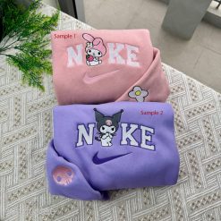 Kuromi And My Melody Nike Embroidered Sweatshirt, Nike Couple Embroidery, Matching Embroidered Hoodies