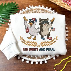 Red, White, and Feral Duck and Raccoon Embroidered Sweatshirt, Hoodie, T shirt1
