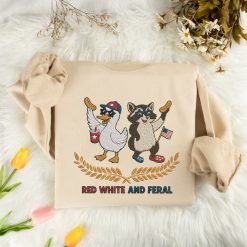 Red, White, and Feral Duck and Raccoon Embroidered Sweatshirt, Hoodie, T-shirt