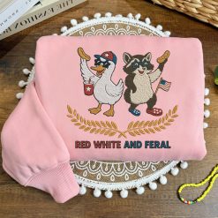 Red, White, and Feral Duck and Raccoon Embroidered Sweatshirt, Hoodie, T-shirt