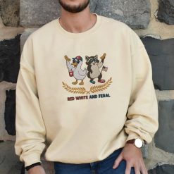 Red, White, and Feral Duck and Raccoon Embroidered Sweatshirt, Hoodie, T shirt5