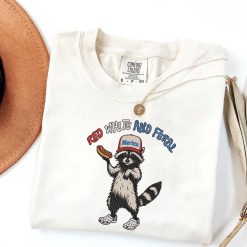 White & Feral Raccoon Independence Day Embroidered Sweatshirt, Hoodie, T-shirt