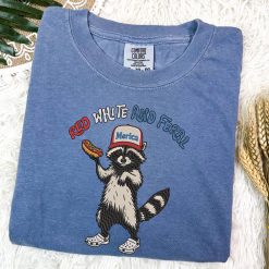 White & Feral Raccoon Independence Day Embroidered Sweatshirt, Hoodie, T shirt2