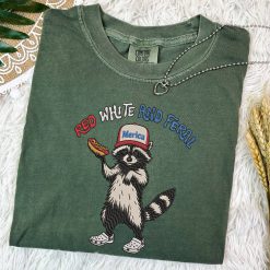 White & Feral Raccoon Independence Day Embroidered Sweatshirt, Hoodie, T-shirt