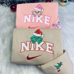 Christmas Nike Grinch Couple Embroidered Sweatshirt, Nike Matching Embroidered Hoodies