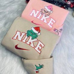 Christmas Nike Grinch Couple Embroidered Sweatshirt, Nike Matching Embroidered Hoodies