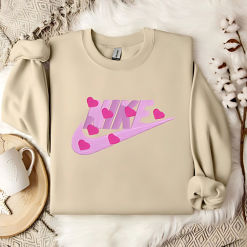 Customized Pink Heart Nike Embroidered Sweatshirts, Nike Couple Embroidery (2)