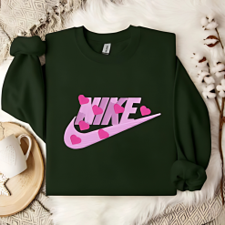 Customized Pink Heart Nike Embroidered Sweatshirts, Nike Couple Embroidery