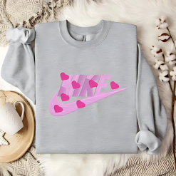 Customized Pink Heart Nike Embroidered Sweatshirts, Nike Couple Embroidery (3)