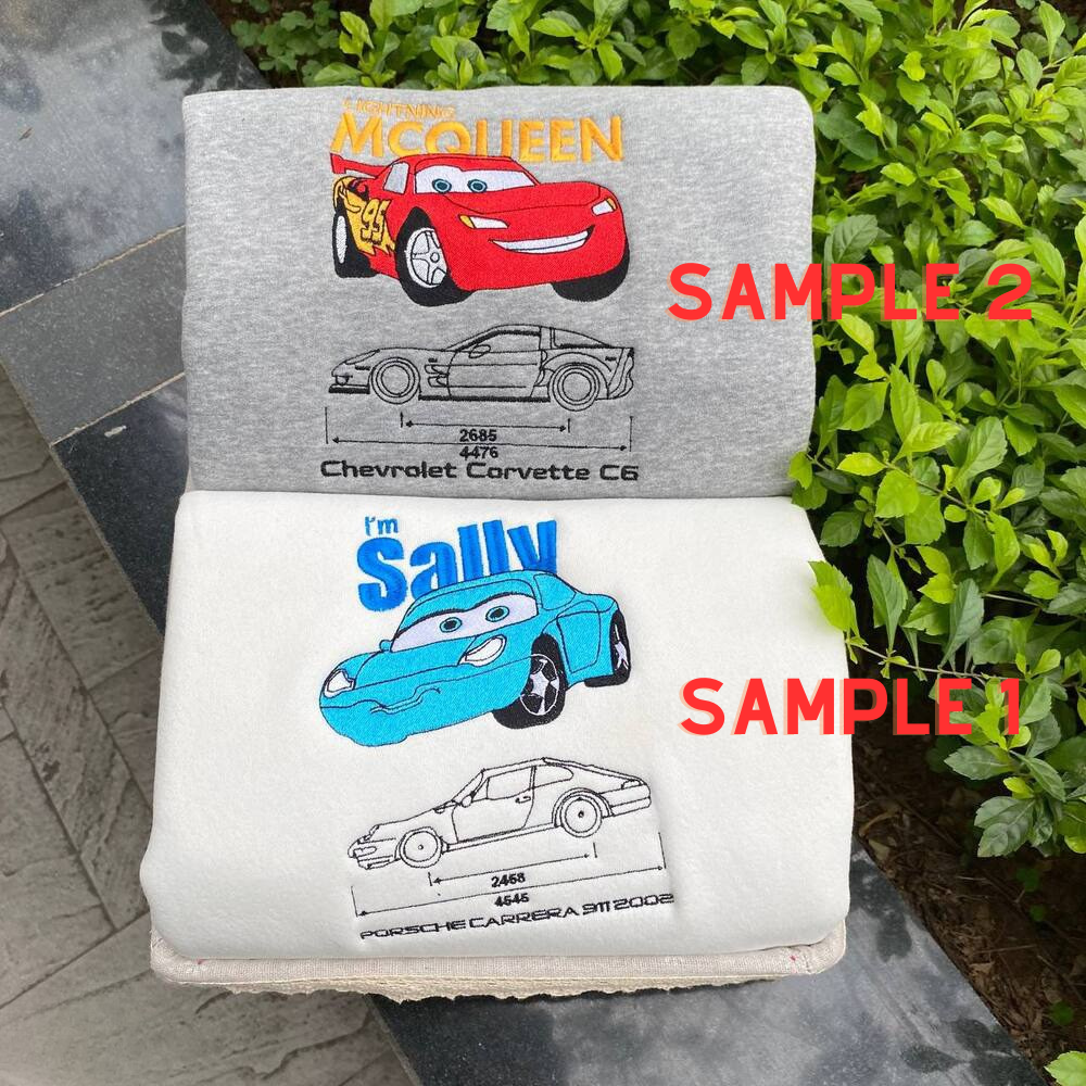 Cute Disney Lightning Mcqueen And Sally Embroidered Sweatshirt, Hoodie, T-shirt Cute Disney Lightning Mcqueen And Sally Embroidered Sweatshirt, Hoodie, T-shirt
