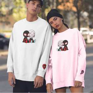 Cute Miles Morales And Spider Gwen Chibi Couple Nike Embroidered Sweatshirts, Couple Embroidered Hoodies (4)