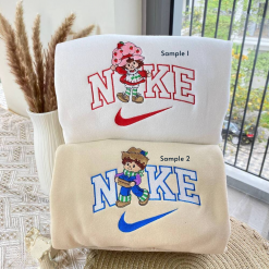 Cute Strawberry Shortcake Nike Embroidered Sweatshirts, Nike Couple Embroidery, Matching Embroidered Hoodies