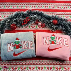 Grinch Couple Christmas Nike Embroidered Sweatshirt , Nike Matching Embroidered Hoodies