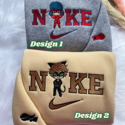 Ladybug And Cat Noir Chibi Nike Matching Embroidered Sweatshirts, Nike Couple Embroidered Hoodies