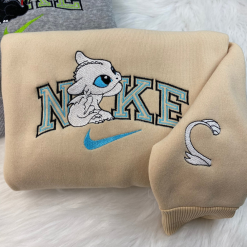 Light Fury And Toothless Nike Matching Embroidered Sweatshirts, Nike Couple Embroidered Hoodies