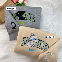 Light Fury And Toothless Nike Matching Embroidered Sweatshirts, Nike Couple Embroidered Hoodies