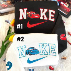 Lightning McQueen And Sally Nike Embroidered Sweatshirts, Nike Couple Embroidered Hoodies