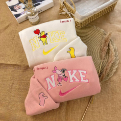 Pooh Bear And Piglet Nike Embroidered Sweatshirts, Nike Couple Embroidered Sweatshirts