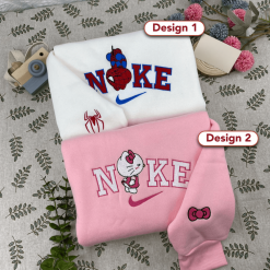 Spider-Man And Hello Kitty Nike Couple Embroidered Sweatshirts, Nike Couple Embroidered Hoodies