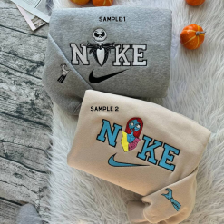 Spooky Jack Skellington And Sally Halloween Nike Embroidered Sweatshirts, Nike Couple Embroidered Sweatshirts, Halloween Sweatshirts (2)