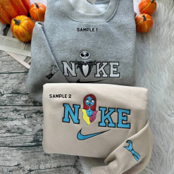 Spooky Jack Skellington And Sally Halloween Nike Embroidered Sweatshirts, Nike Couple Embroidered Sweatshirts, Halloween Sweatshirts