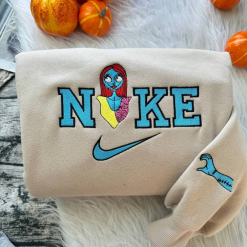 Spooky Jack Skellington And Sally Halloween Nike Embroidered Sweatshirts, Nike Couple Embroidered Sweatshirts, Halloween Sweatshirts