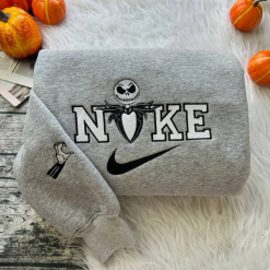 Spooky Jack Skellington And Sally Halloween Nike Embroidered Sweatshirts, Nike Couple Embroidered Sweatshirts, Halloween Sweatshirts (4)