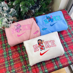 Stitch Angel And Lilo Nike Embroidered Sweatshirt, Disney Nike Crewneck Embroidered Sweatshirt, Stitch Disney Sweatshirt