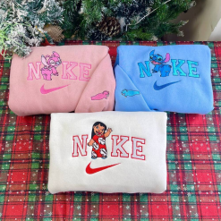 Stitch Angel And Lilo Nike Embroidered Sweatshirt, Disney Nike Crewneck Embroidered Sweatshirt, Stitch Disney Sweatshirt
